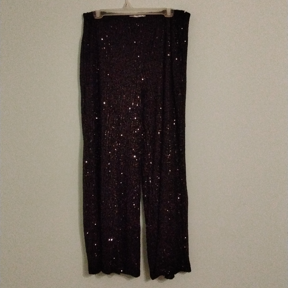 Women's NWOT black sequined wide leg dress pants L